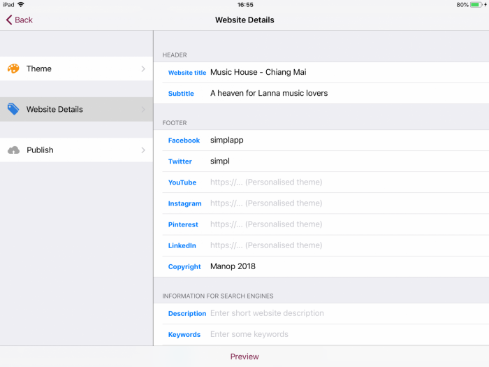 Website Details on iPad displays a nice 2-pane menu